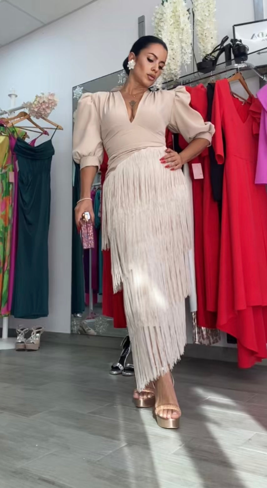 VESTIDO TRIANA FLECOS BEIGE