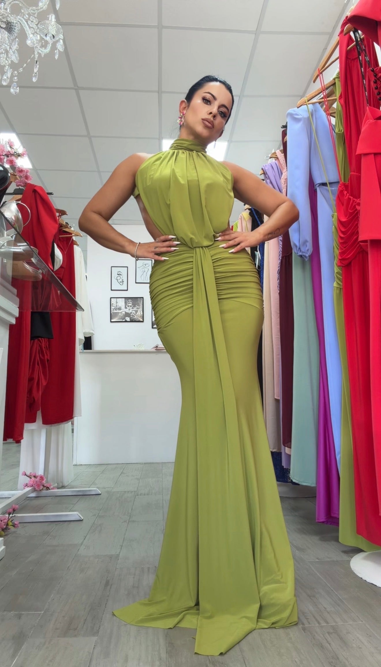 VESTIDO CARMIN VERDE OLIVA